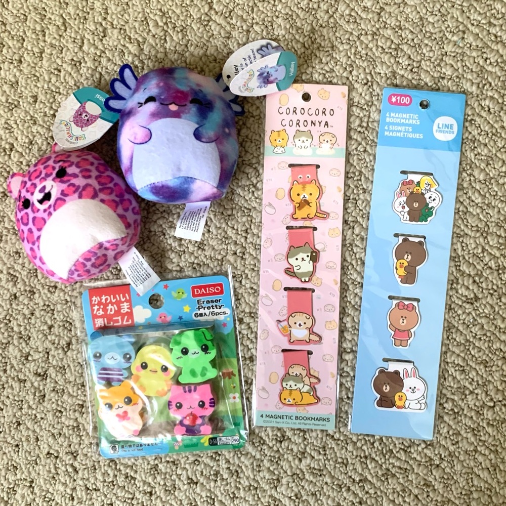 🆕 Japan 5pc Squishmallows Line Bear Cat Magnetic Clip Bookmarks Eraser Set